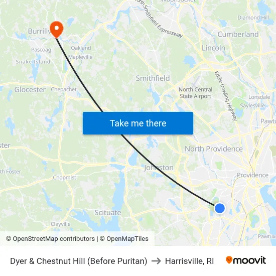 Dyer & Chestnut Hill (Before Puritan) to Harrisville, RI map
