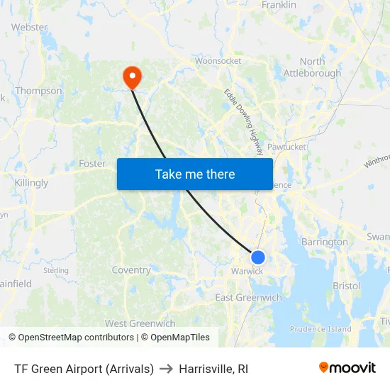 TF Green Airport (Arrivals) to Harrisville, RI map