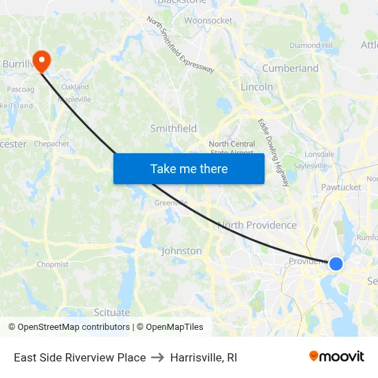 East Side Riverview Place to Harrisville, RI map