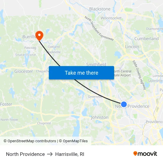 North Providence to Harrisville, RI map