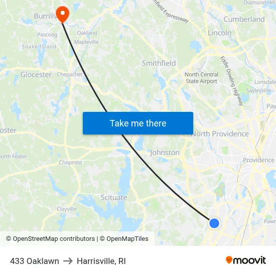 433 Oaklawn to Harrisville, RI map
