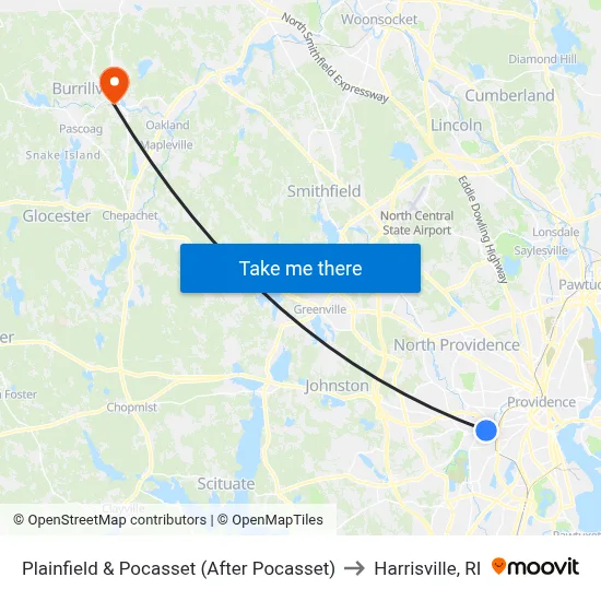 Plainfield & Pocasset (After Pocasset) to Harrisville, RI map