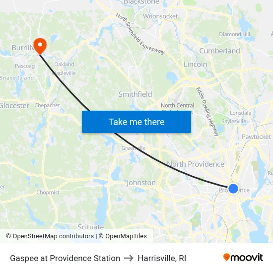 Gaspee at Providence Station to Harrisville, RI map