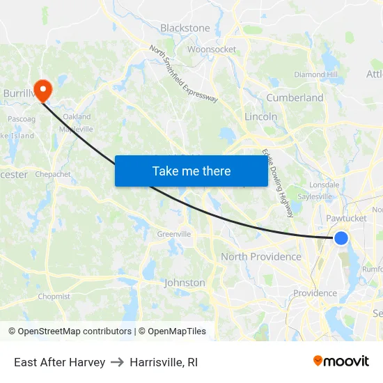 East After Harvey to Harrisville, RI map
