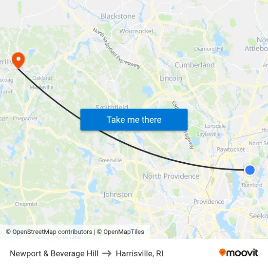 Newport & Beverage Hill to Harrisville, RI map