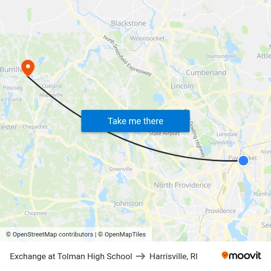 Exchange at Tolman High School to Harrisville, RI map