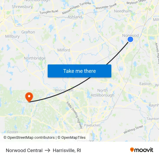 Norwood Central to Harrisville, RI map