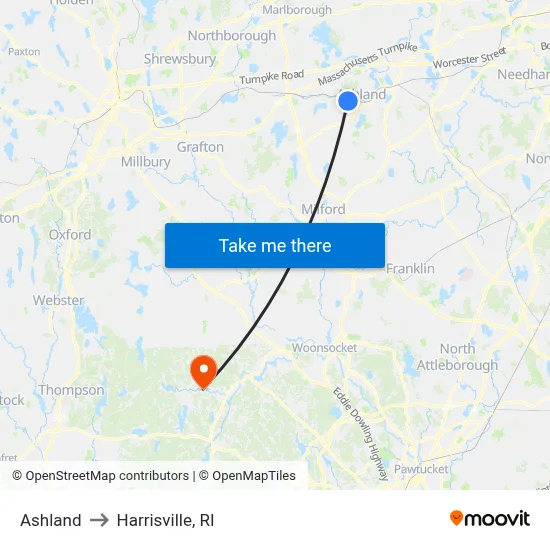Ashland to Harrisville, RI map