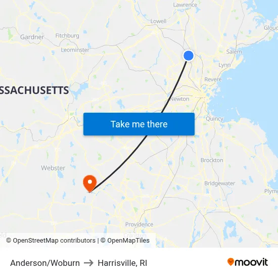 Anderson/Woburn to Harrisville, RI map