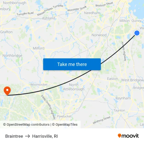 Braintree to Harrisville, RI map