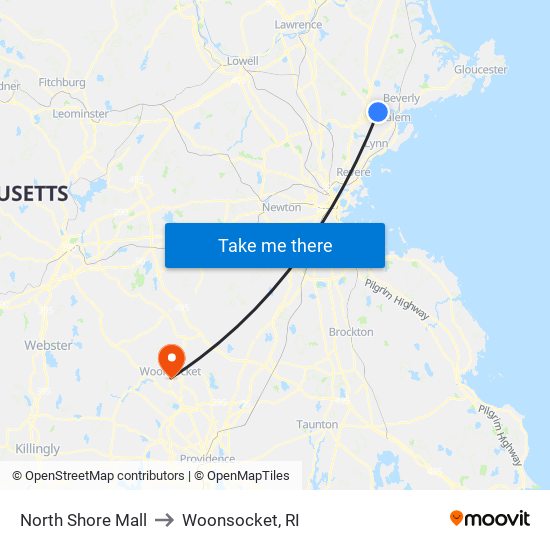 North Shore Mall to Woonsocket, RI map