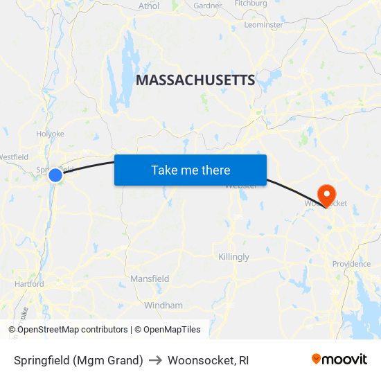 Springfield (Mgm Grand) to Woonsocket, RI map