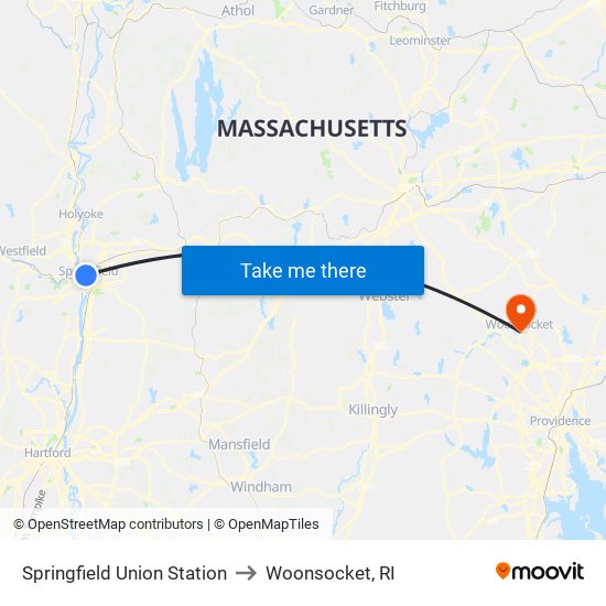 Springfield Union Station to Woonsocket, RI map