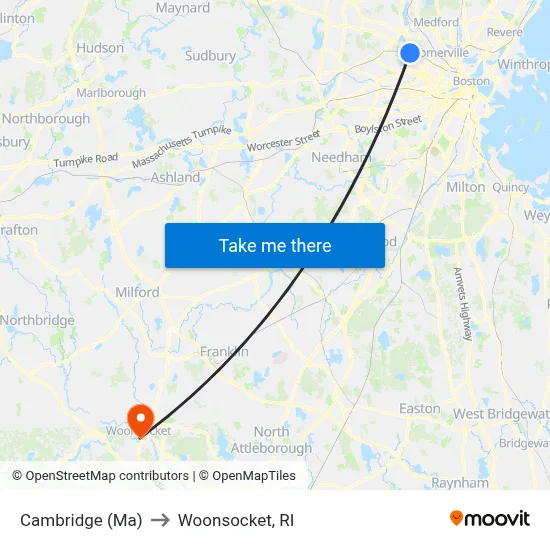 Cambridge (Ma) to Woonsocket, RI map