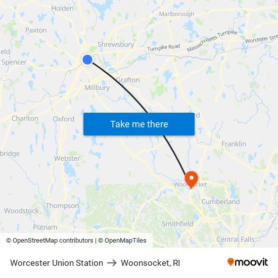 Worcester Union Station to Woonsocket, RI map