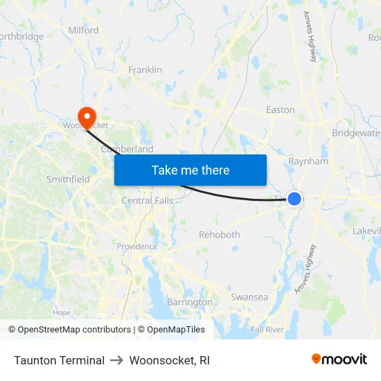 Taunton Terminal to Woonsocket, RI map