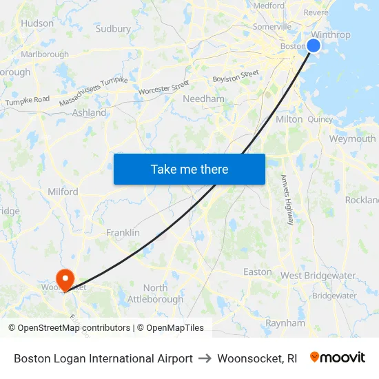 Boston Logan International Airport to Woonsocket, RI map
