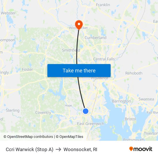 Ccri Warwick (Stop A) to Woonsocket, RI map
