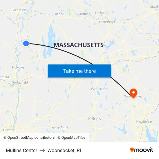 Mullins Center to Woonsocket, RI map