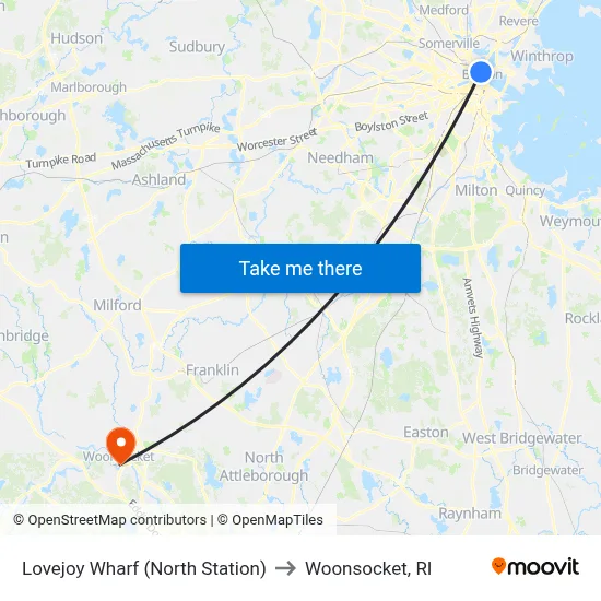Lovejoy Wharf (North Station) to Woonsocket, RI map