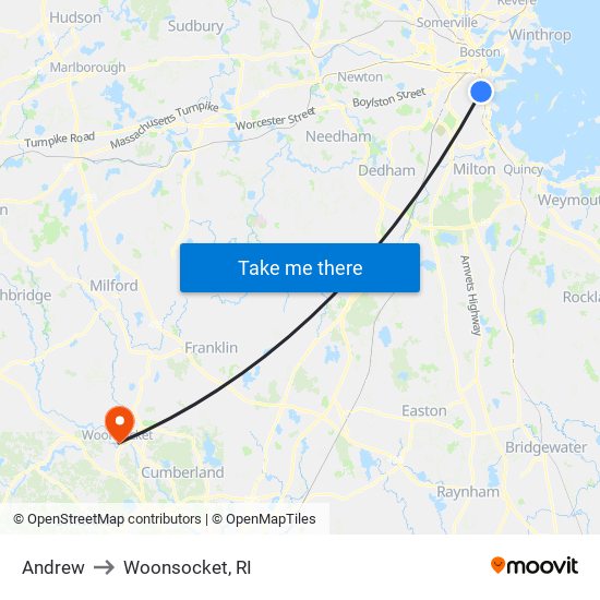 Andrew to Woonsocket, RI map