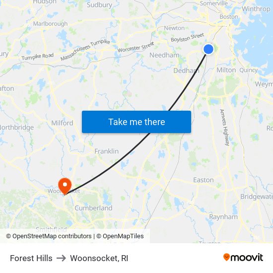 Forest Hills to Woonsocket, RI map