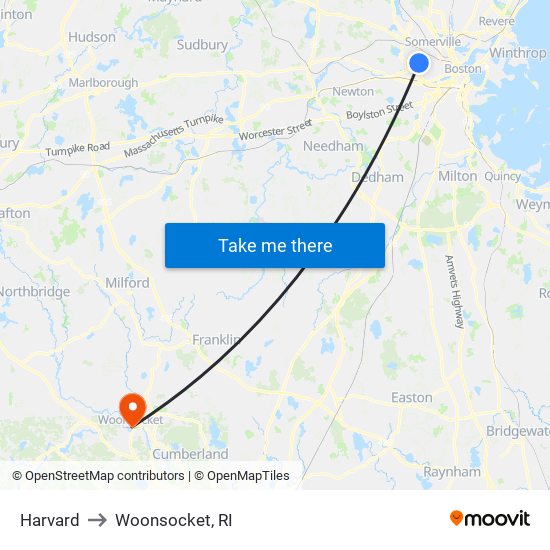 Harvard to Woonsocket, RI map