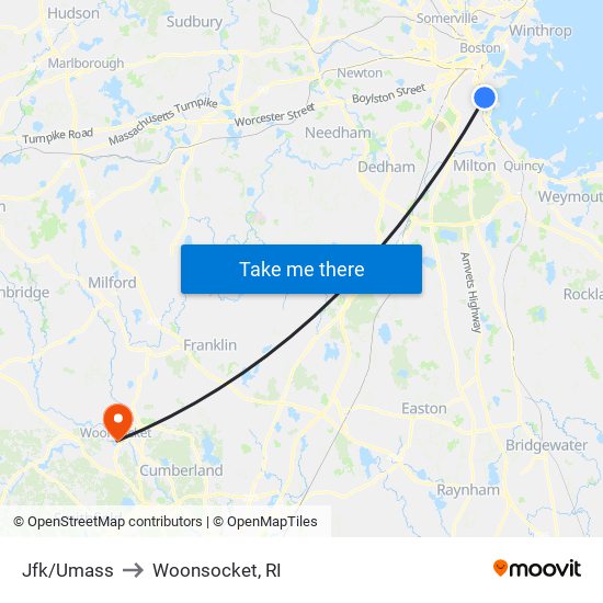 Jfk/Umass to Woonsocket, RI map