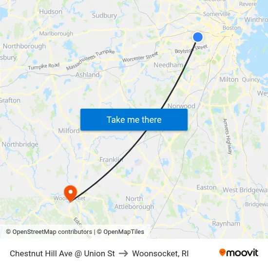 Chestnut Hill Ave @ Union St to Woonsocket, RI map