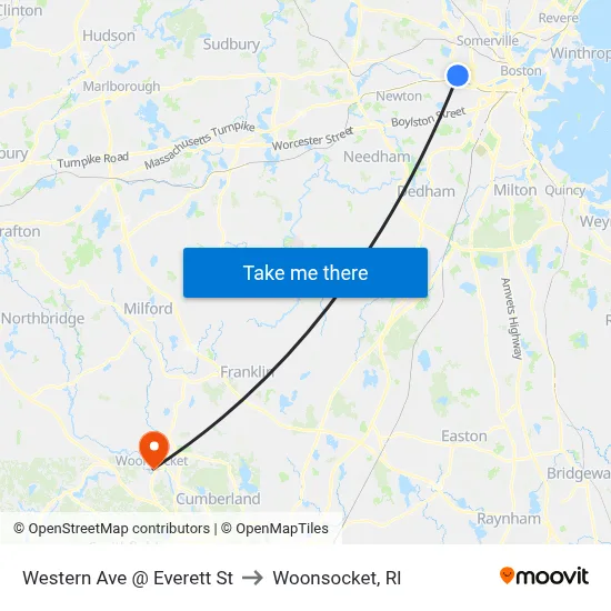Western Ave @ Everett St to Woonsocket, RI map