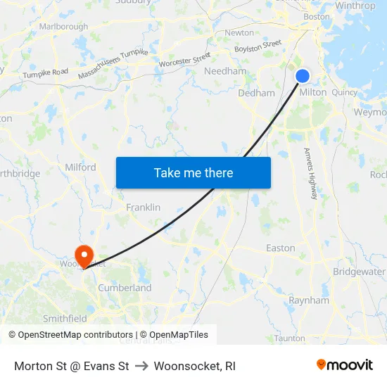 Morton St @ Evans St to Woonsocket, RI map