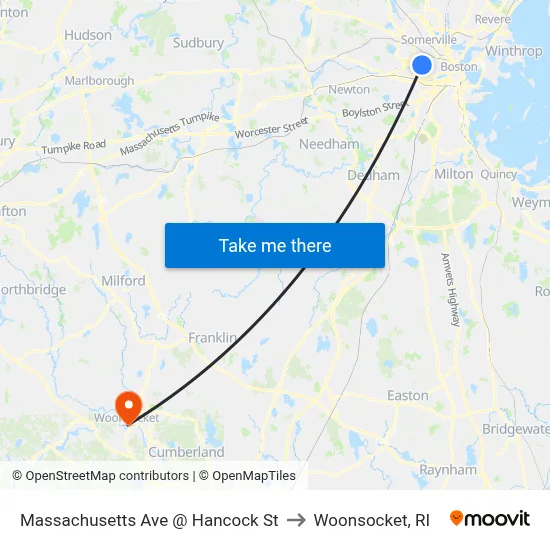 Massachusetts Ave @ Hancock St to Woonsocket, RI map