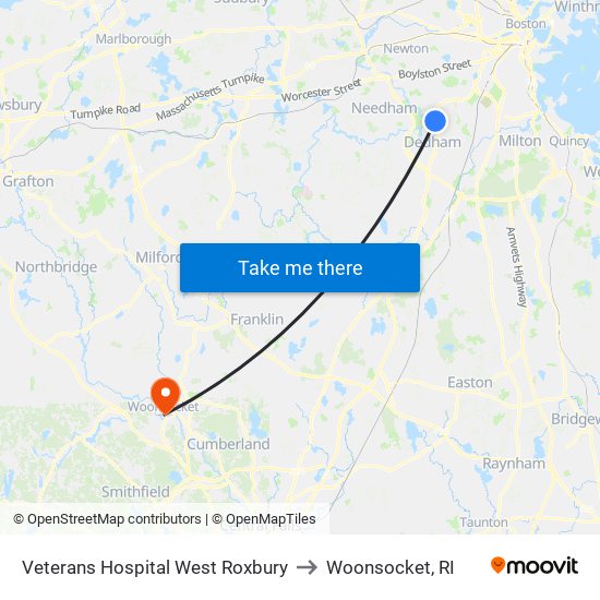 Veterans Hospital West Roxbury to Woonsocket, RI map