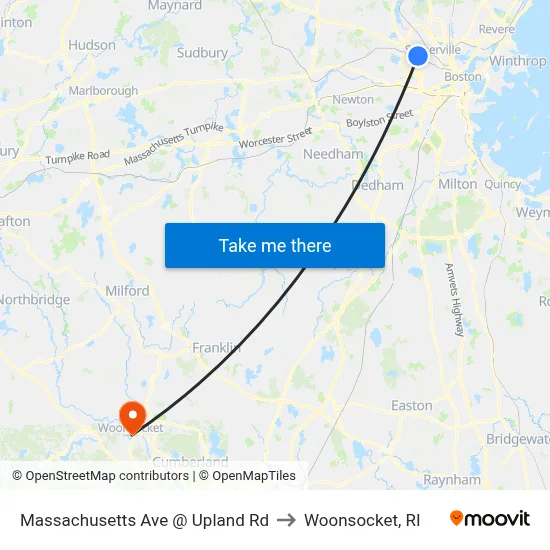 Massachusetts Ave @ Upland Rd to Woonsocket, RI map