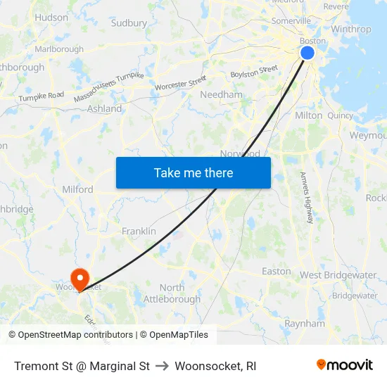 Tremont St @ Marginal St to Woonsocket, RI map