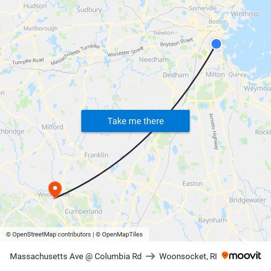 Massachusetts Ave @ Columbia Rd to Woonsocket, RI map