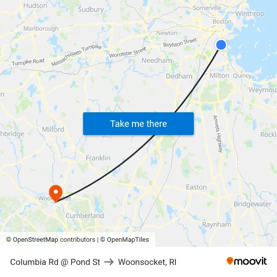 Columbia Rd @ Pond St to Woonsocket, RI map
