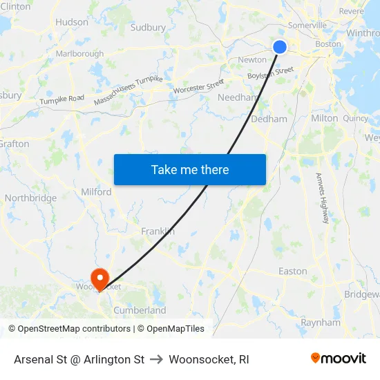 Arsenal St @ Arlington St to Woonsocket, RI map