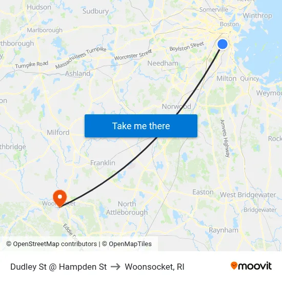 Dudley St @ Hampden St to Woonsocket, RI map