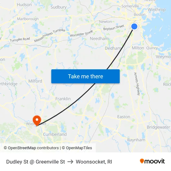 Dudley St @ Greenville St to Woonsocket, RI map