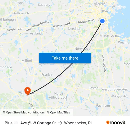Blue Hill Ave @ W Cottage St to Woonsocket, RI map