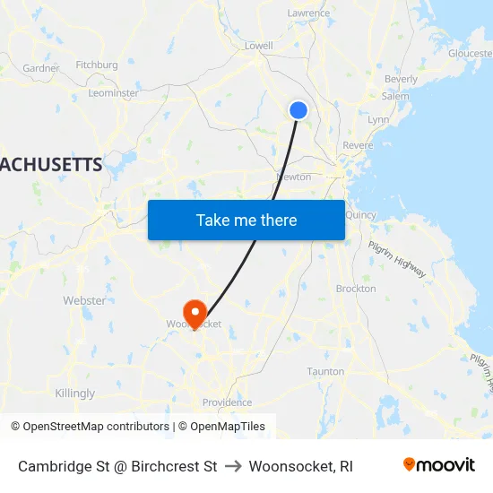 Cambridge St @ Birchcrest St to Woonsocket, RI map