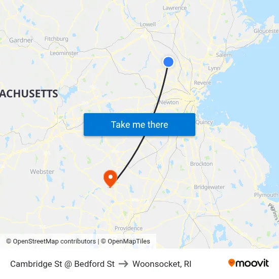 Cambridge St @ Bedford St to Woonsocket, RI map