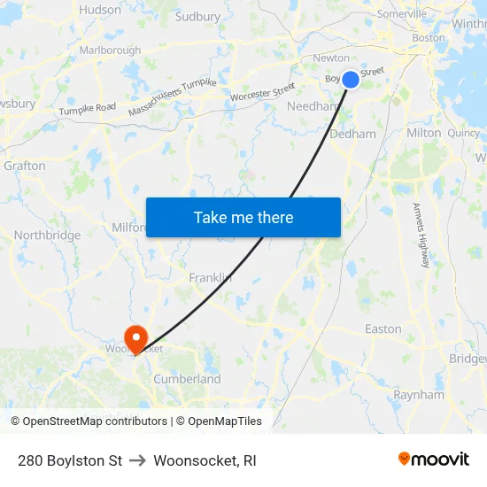 280 Boylston St to Woonsocket, RI map