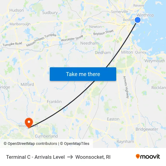 Terminal C - Arrivals Level to Woonsocket, RI map