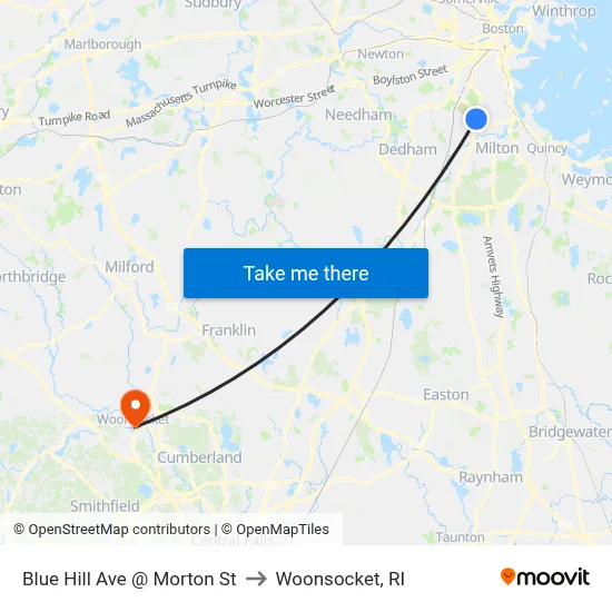 Blue Hill Ave @ Morton St to Woonsocket, RI map