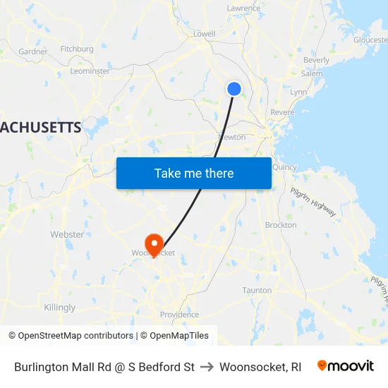 Burlington Mall Rd @ S Bedford St to Woonsocket, RI map