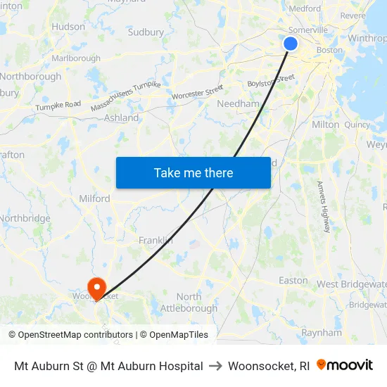 Mt Auburn St @ Mt Auburn Hospital to Woonsocket, RI map
