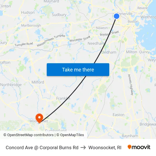 Concord Ave @ Corporal Burns Rd to Woonsocket, RI map