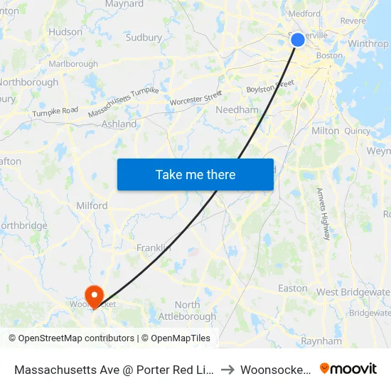 Massachusetts Ave @ Porter Red Line Sta to Woonsocket, RI map